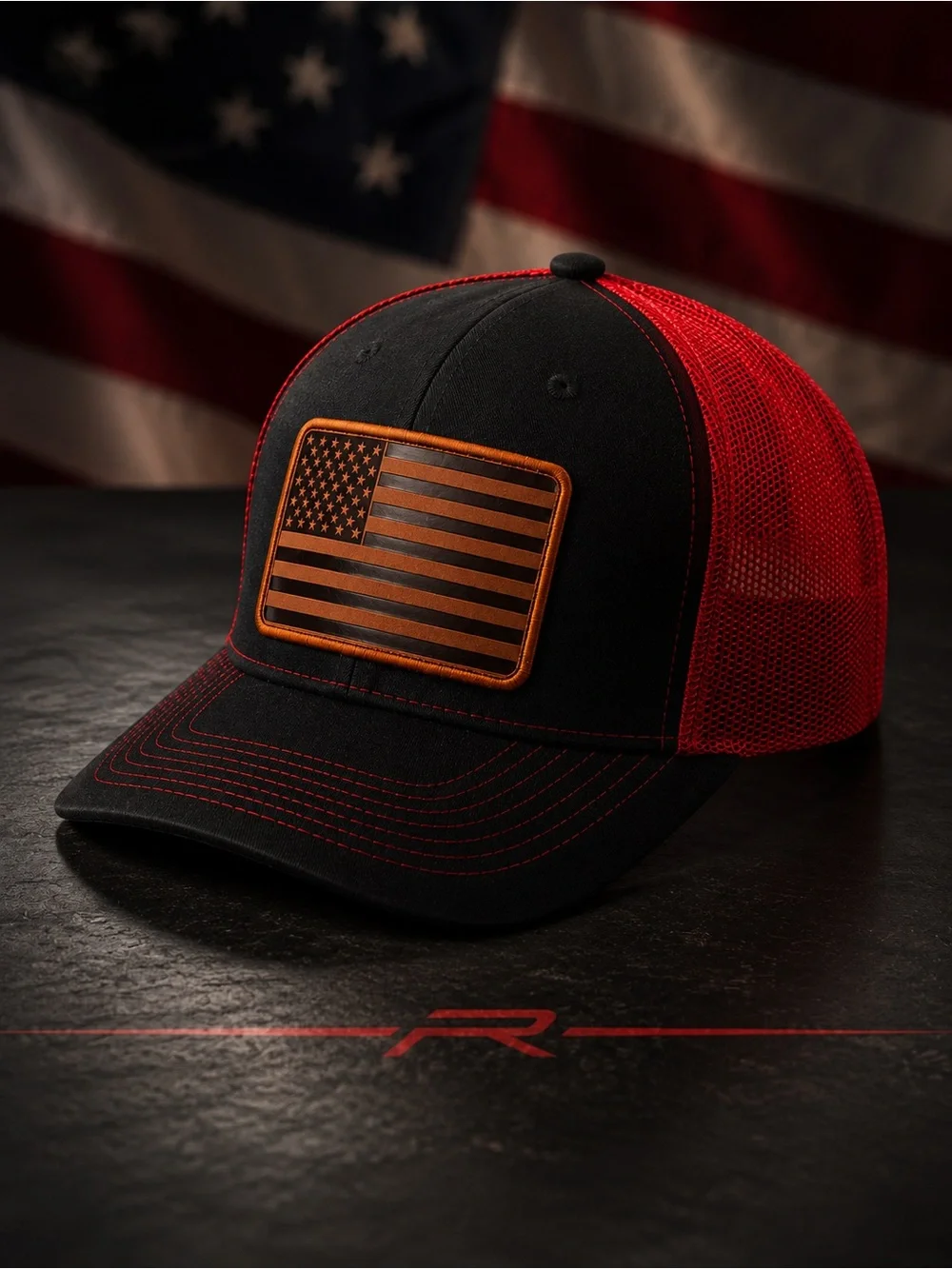 Black / Red American Flag Leather Patch Trucker Hat – Breathable Mesh Back Cap